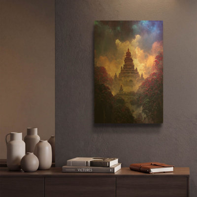 « Temple bouddhiste » par Cameron Gray, tableau mural en métal doré, 30,5 x 40,5 cm