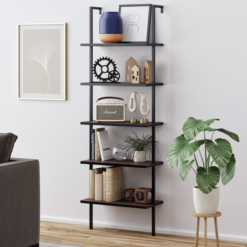 Bibliothèque standard à 5 tablettes Andrea, Cadre en acier noir / tablette en bois brun noyer 