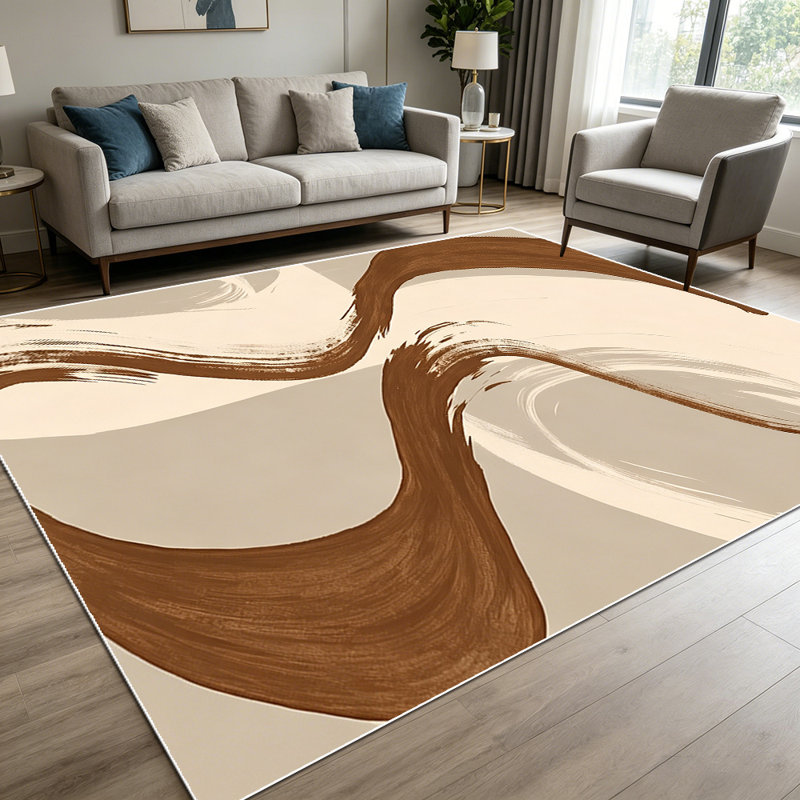 1PC Abstract Neutral Brown Wavy Brushstroke area rugs for Living Room, Soft and Comfortable, Suitable for all seasons, easy-to-maintain, machine washable Indoor floor mat, Under Table Farmhouse suitable for dining table, bedroom, entryway, home