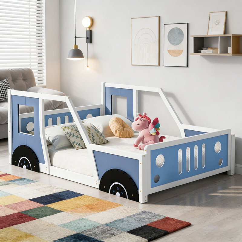 Lit plateforme classique avec roulettes en forme de voiture, Bleu, Lit double