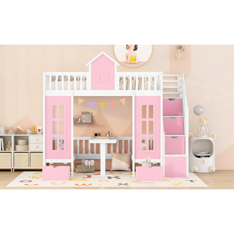 Lit superposé Twintwin en rose avec table modulable et attrayant lit mezzanine ajustable