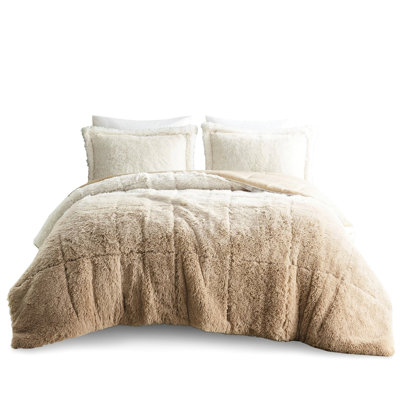 Queen Ombre Shaggy Long Fur Comforter Mini - , Warm Faux Mink Reverse, 2 Matching Shams Natural For Filling, , Reverse With