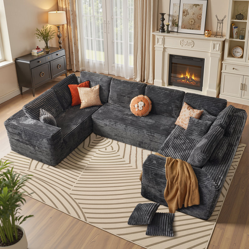 Canapé modulaire en tissu de velours côtelé Cloudie avec méridienne en forme de U, canapé modulaire avec assise profonde et canapé rembourré Koyu pour la chambre à coucher, aucun assemblage requis