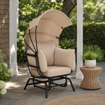 Outdoor Taupe Egg Lounge Chair With Retractable Canopy And Black Steel Frame