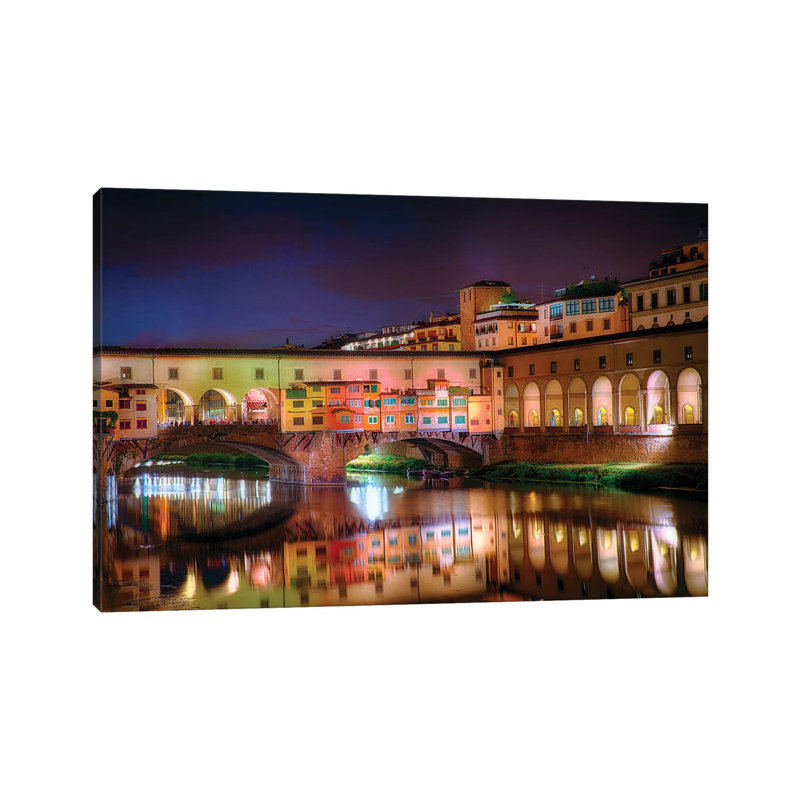 Arno River Night Reflections At Ponte Vecchio, Florence, Tuscany, Italy by George Oze - Wrapped Canvas Painting