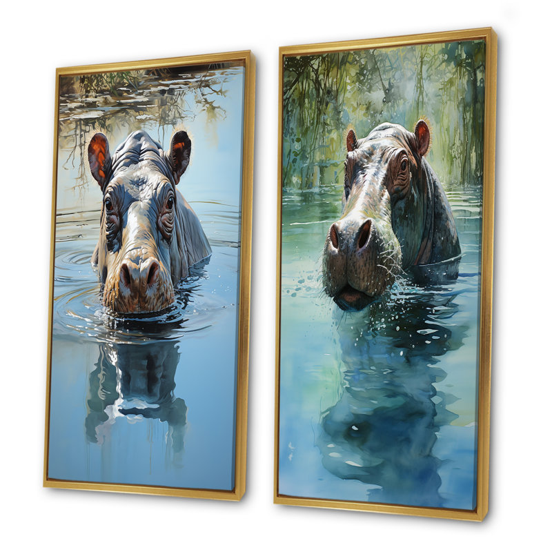 Gris puissant Hippo Waters Reflect I - Hippopotamus, ensemble de 2 reproductions d'art mural, Cadre flottant doré