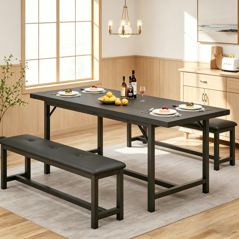 Ensemble de table de salle à manger extensible 3 pièces 63 po pour 4 à 6 places - Ensemble de salle à manger rectangulaire contemporain avec 2 bancs rembourrés - Robuste, facile à assembler, parfait pour les appartements - Noir