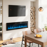 Ultra-thin Electric Fireplace, Recessed & Wall Mounted Heater, Crystal Stone & Log, Timer, 750w/1500w, Adjustable Flame Colour, Touch Screen & Remote Control