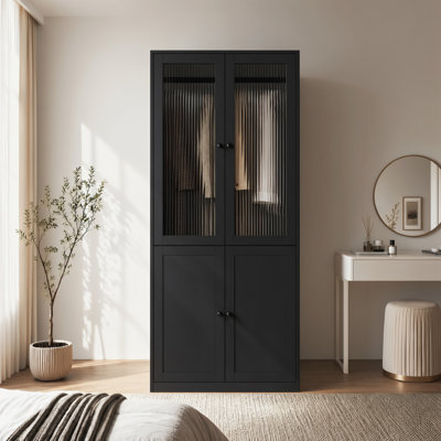 20" D Armoire Wardrobe Closet With Fluted Glass, 71" H Clothing Storage Cabinet With Hanging Rod And Soft-Close Doors