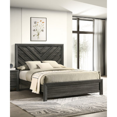 Lit double rustique à finition grise avec motifs et motifs géométriques, meubles de chambre à coucher contemporains en bois avec une finition de style, cadre de tête de lit solide pour embellir