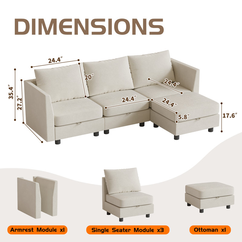Upholstered Chenille Sofa With USB Charger Port And Storage Function, Beige Chenille