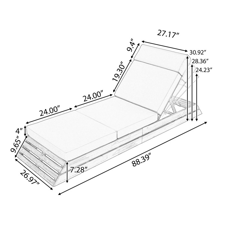 Structure de chaise longue d'extérieur inclinable avec dossier à 3 positions et coussin, teck et crème