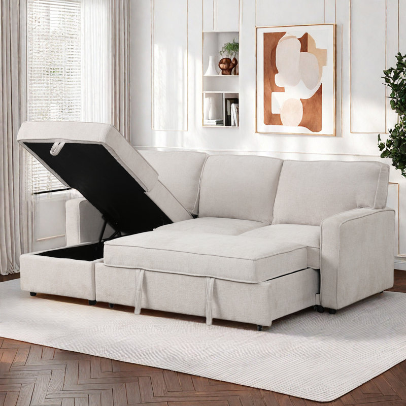 89" Reversible L-Shaped Bayboro With Pull-Out Sleeper, Storage Chaise, USB Ports & 2 Cup Holders, Beige Polyester