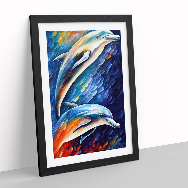 Two Dolphin No.2 - Wall Art, Paper Black Framed, 64cm H x 46cm W x 2cm D