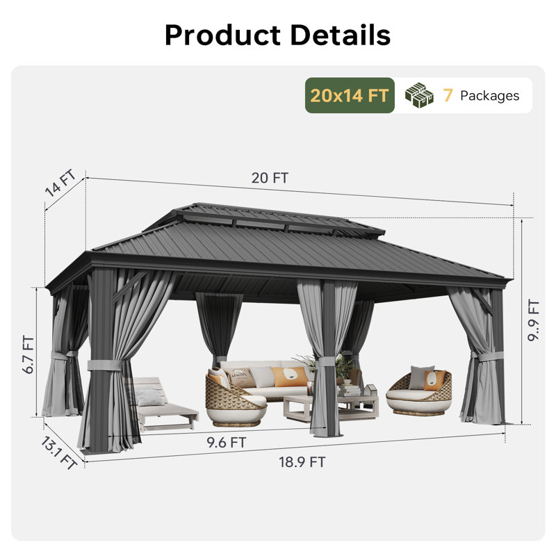 Pavillon de jardin à toit rigide avec structure en aluminium et double toit en acier galvanisé, L 20 pi x P 14 pi