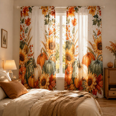 2 pièces d'automne récolte citrouilles et tournesols rideaux, aquarelle festive automne botanique avec passe-tringle fenêtre fenêtre pour salon chambre cuisine décor à la maison, décorations de Pâques