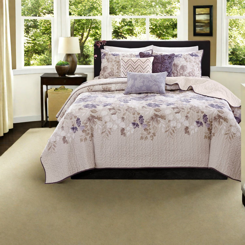 Ensemble de literie réversible 6 pièces, courtepointe en mélange de coton avec coussins décoratifs, style transitionnel pour la maison