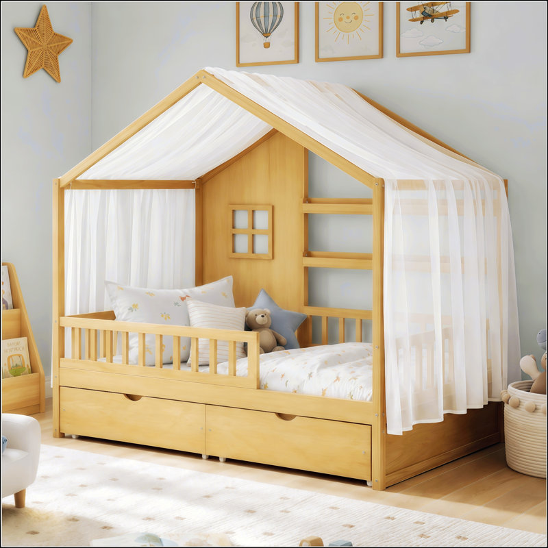 Structure de lit simple pour enfants avec toit, rideaux, garde-corps et rangement, style plancher Montessori, assemblage facile
