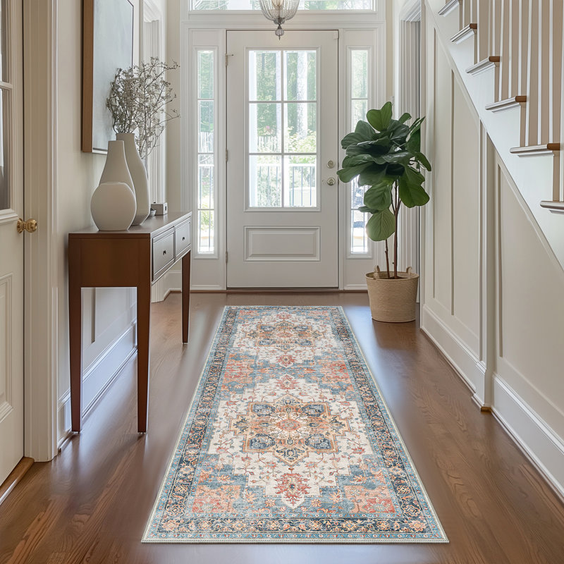 Roehit Oriental Performance Machine Washable Area Rug, Runner 2' x 5', Blue/Red/Beige/Orange