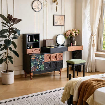 Ensemble de meuble-lavabo intégré rétro avec miroir et tabouret de coiffeuse Vintage Black