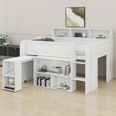 Élégant lit mezzanine en bois avec bureau d'étude, tablettes de rangement et DEL