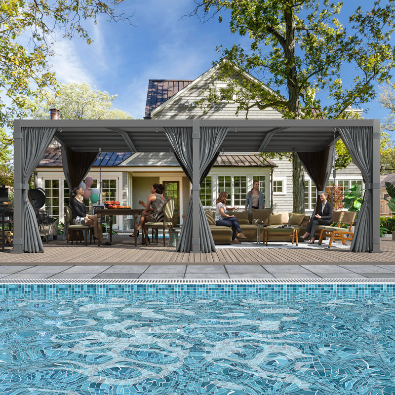 Dark Grey Aluminum 12x20 Louvered Pergola with Adjustable Roof and Curtains
