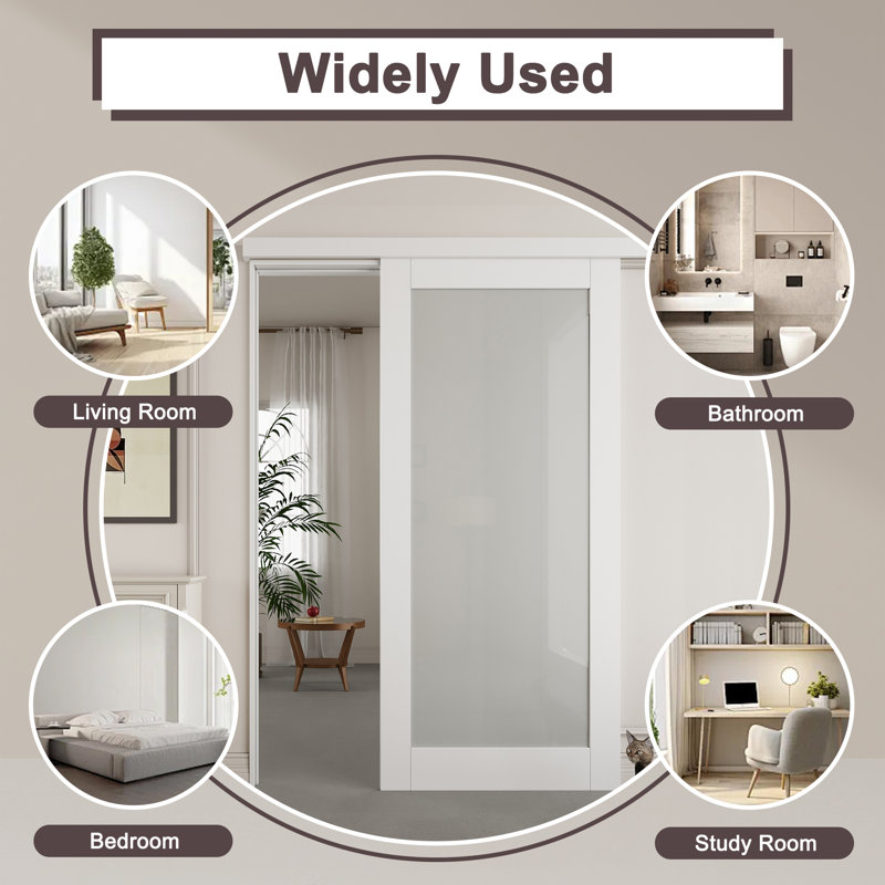 80" Hidden Style Track White Primed 1-Lite Frosted Glass Sliding Barn Door With Hardware Kit（No Assembly Required）, 36" x 80"