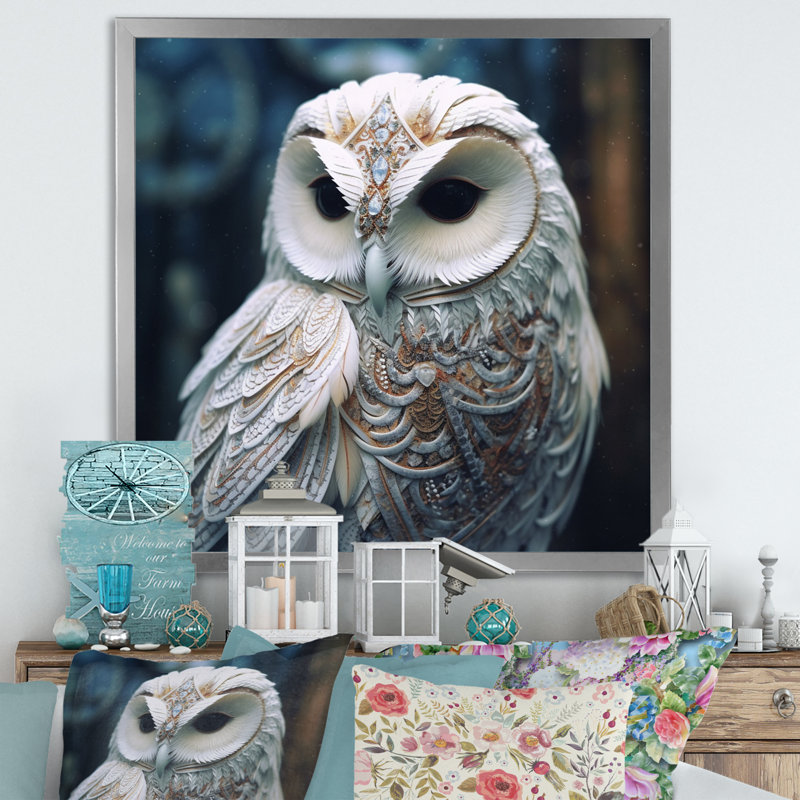 Art mural sur toile White Owl's Wise Gaze, H 36 po x l 36 po x P 1,5 po, Cadre simple argenté