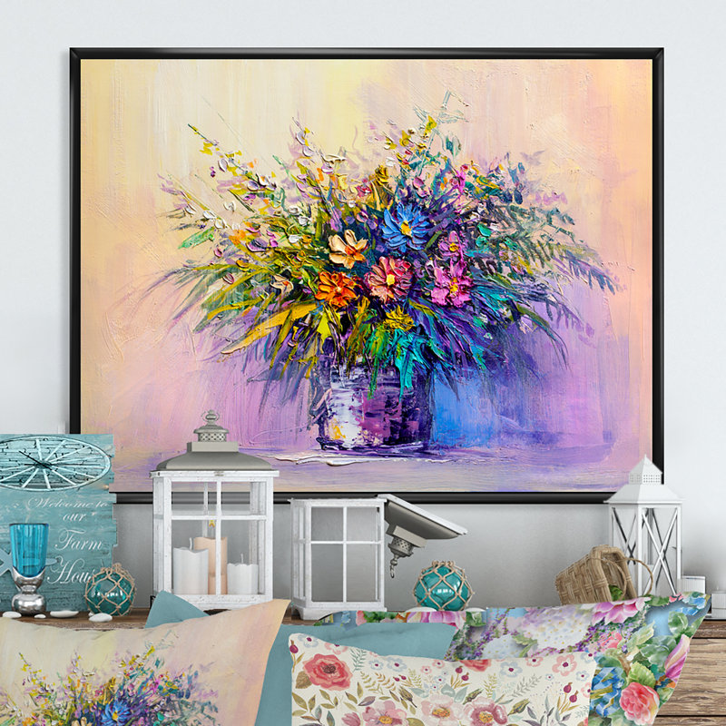 Nature morte pleine été Bouquet d'été III - reproduction de cadre flottant sur toile, H 16 po x l 32 po x P 1 po