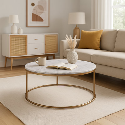Carbone Modern Round Coffee Table with Faux Marble Top & Brass Metal Base – Elegant Living Room Accent