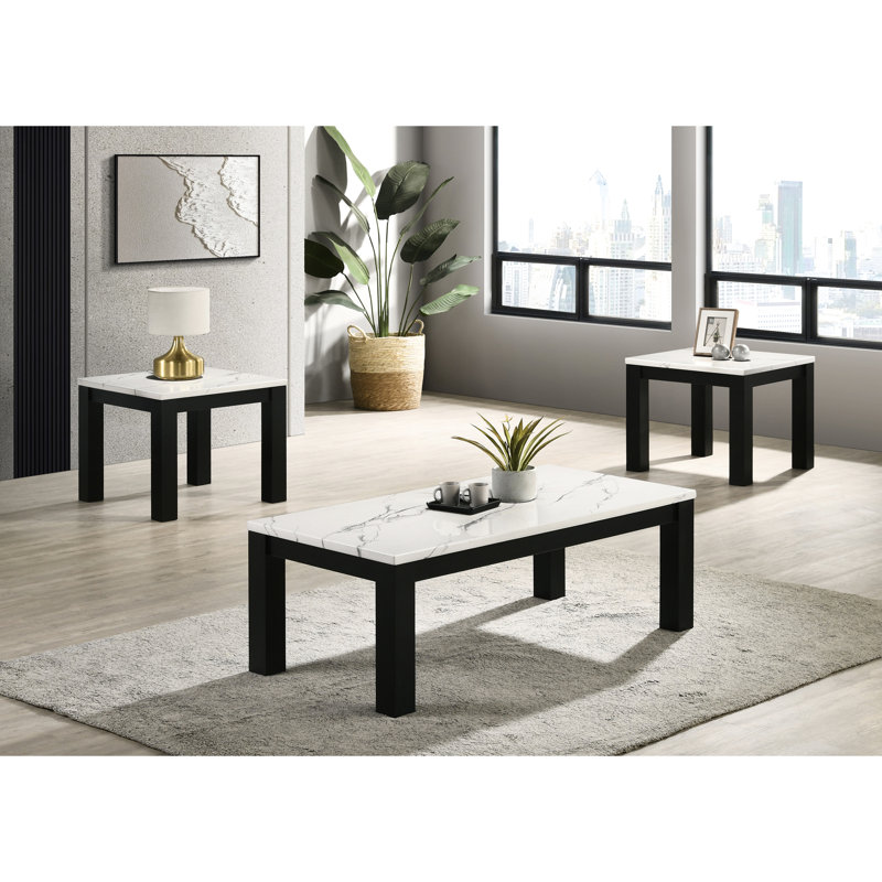 Table basse contemporaine en faux marbre blanc et tables de bout noires contemporaines: style