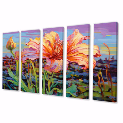 Glorieux hibiscus rose au bord de l'eau II - impression d'art mural fleurs sauvages - 5 panneaux égaux