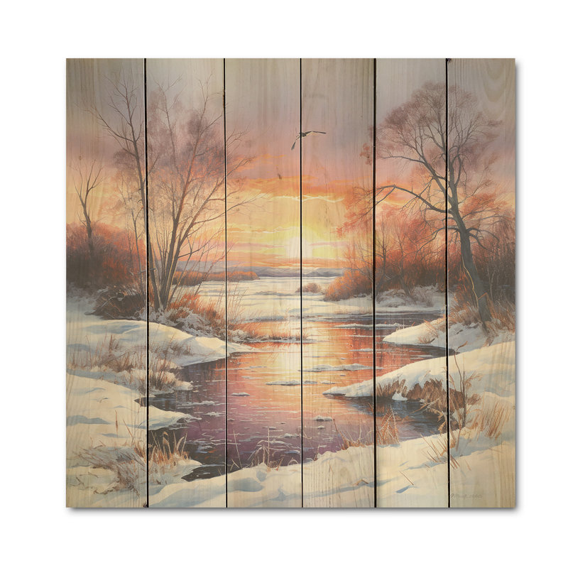 Charme du lever du soleil en hiver - lever de soleil sur bois de pin naturel, H 30 po x l 30 po