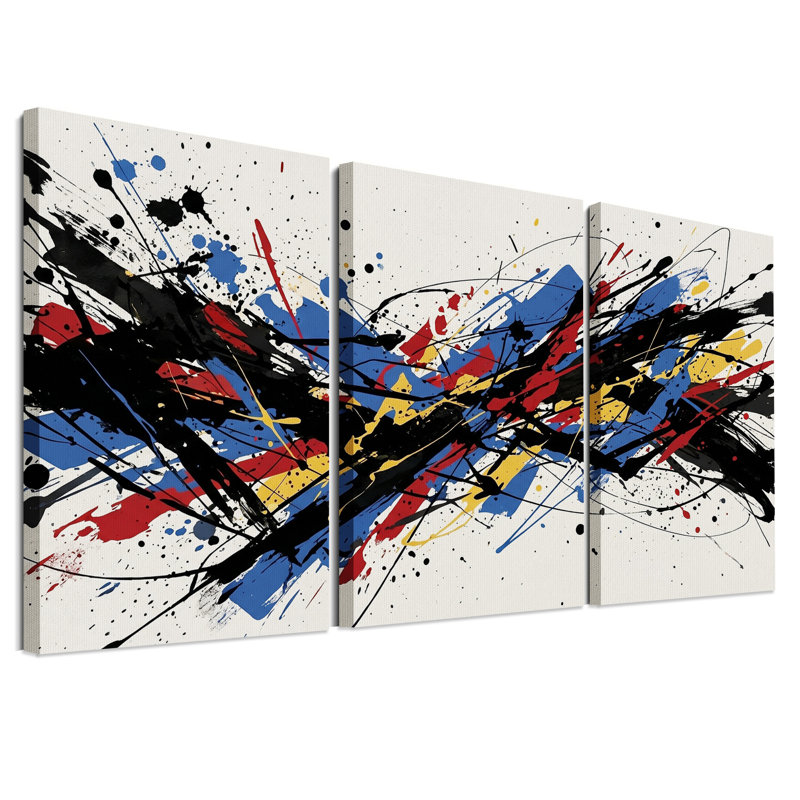 Ensemble de 3 toiles abstraites à coups de pinceau rouges, bleus, jaunes et noirs, 18"H x 12"W x 3pcs
