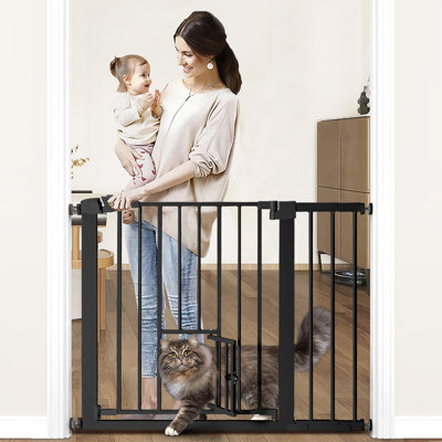 Auto Close Baby Safety Gate With Cat Door, 29.5"-40.5" Extra Wide Dog Gate, Pressure Mounted Easy Walk Thru Pet Gate