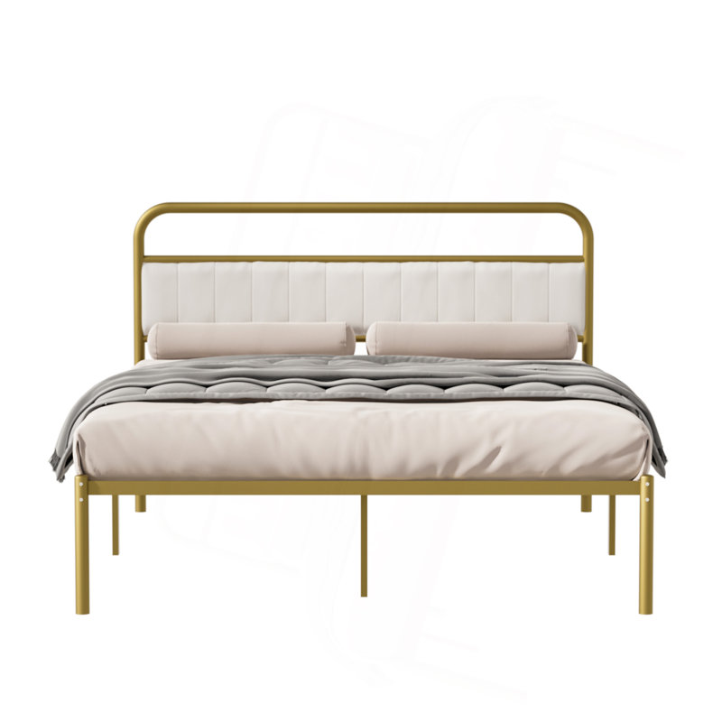 Structure de lit en métal et acier avec tête de lit tapissier moderne (grand) - beige et doré
