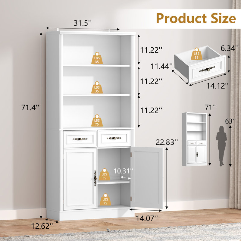 71.4" Tall Modern Bookcase with 2 Doors and 2 Drawers, Book Cabinet Storage with Vintage Handles for Living Room, Bedroom, Home Office