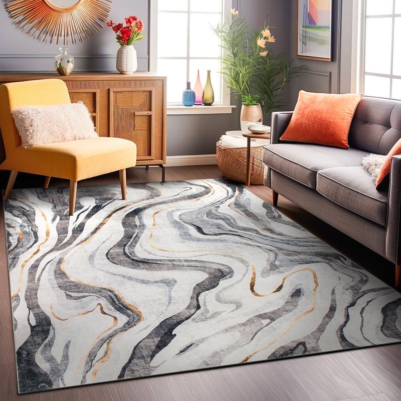 Tapis contemporain lavable antidérapant en marbre, Rectangle 3 pi 3 po x 5 pi