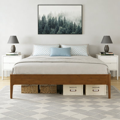 15 Inch High Queen Size Solid Dry Bamboo Wood Platform Bed Frame, With Wood Slat Metal Support, Modern & Minimalist Style, No Box Spring Needed, Easy Assembly, Brown