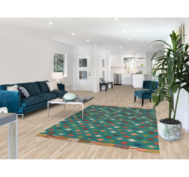 Tapis oriental en laine tissé à plat vert Kilim 6 x 8