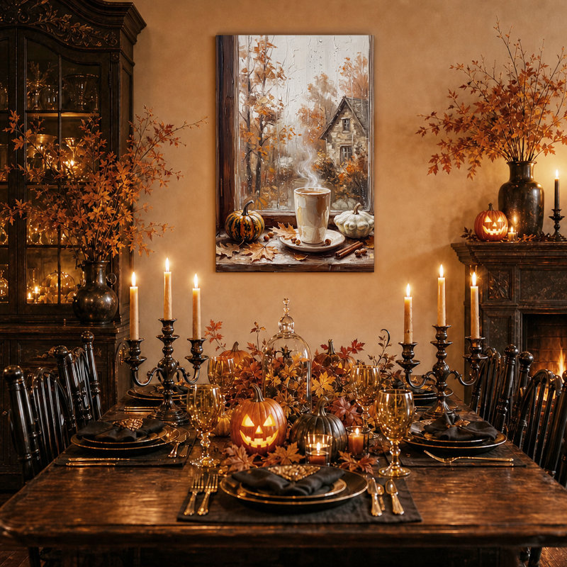 Tableau sur toile représentant une tasse de café fumante et des citrouilles sur fond de pluie, idéal pour l'Halloween