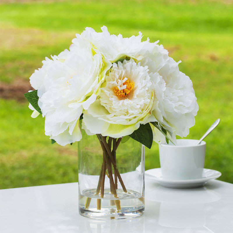 Faux Silk Peony Arrangement in Vase, Cream