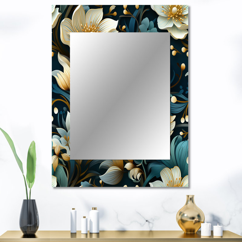 Green And Beige Wines Flowers - Floral Decorative Wall Mirror, Floral Mirror, Printed Metal Art, 40" x 30"