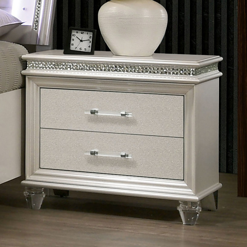2 tables de chevet, finition blanche, avec accents en cristal et base en bois, 2 tiroirs, entièrement assemblé