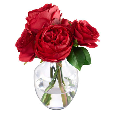 Red Rose Bouquet in Glass Vase with Gold Rim