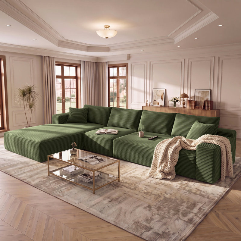 Canapé modulaire 135,4 po pour salon modulaire en L en velours côtelé rembourré à compression, Velours côtelé vert