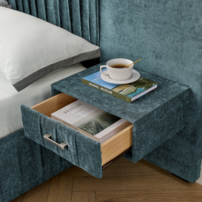 Grand lit tapissier en chenille avec table de chevet, Bleu et vert