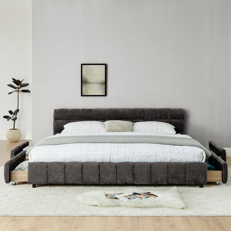  Très grand lit plateforme tapissier avec rangement, structure en chenille avec tête de lit, gris foncé, gris, Très grand