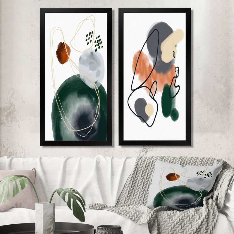 «Dark Green and Orange Abstract Composition», ensemble de 2 peintures sur toiles, H 32 po x l 32 po x P 1 po