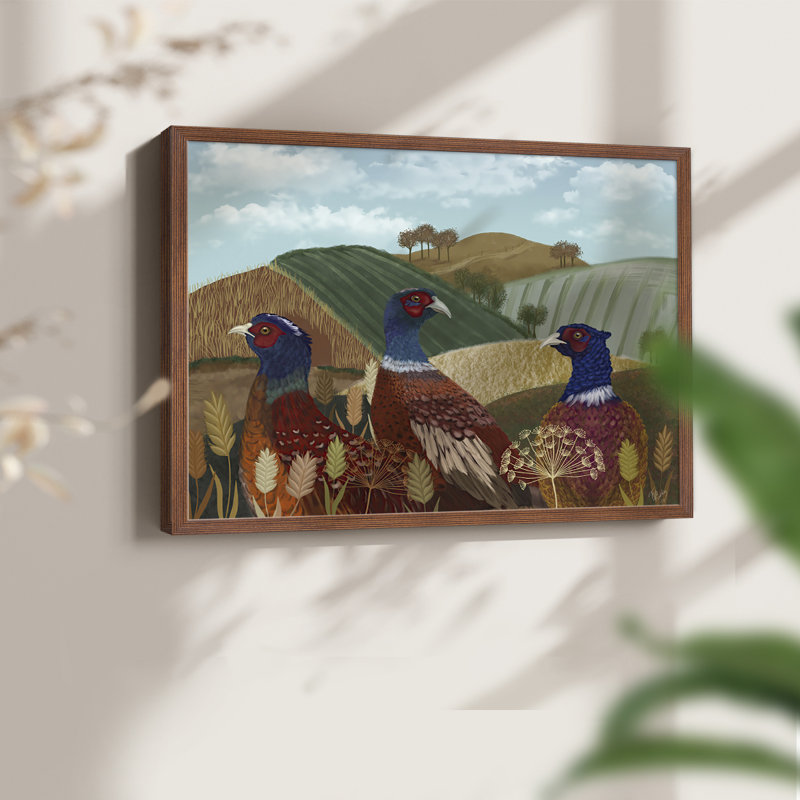 Trio de faisans dans un champ - Reproduction encadrée - Restickable, H 8 po x l 10 po, Noyer
